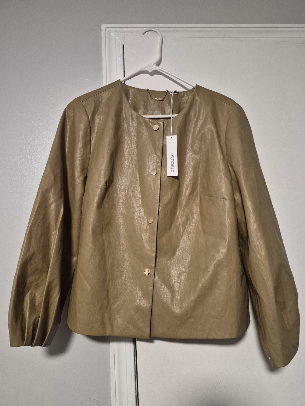 Chico's Taupe Collarless Button-Front Leather Jacket